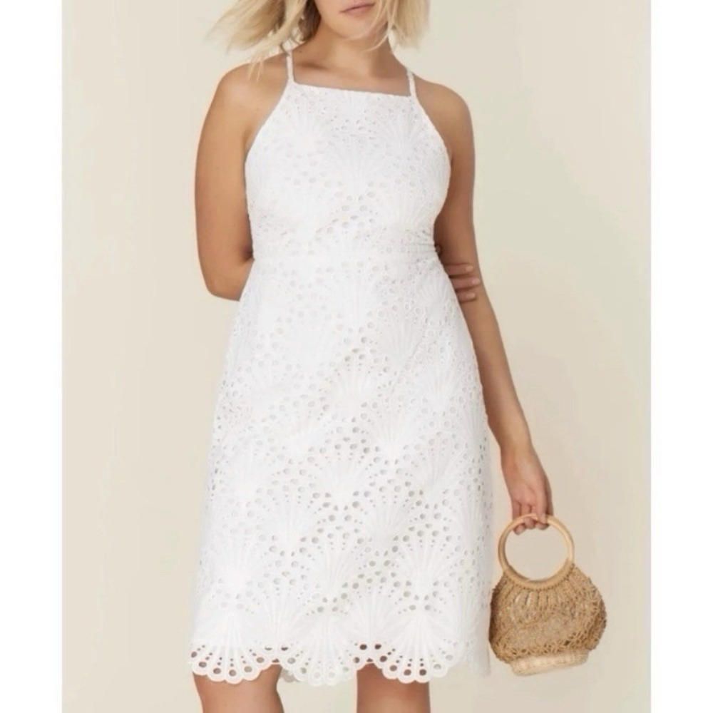 Andie Roatan Dress Size Medium White Eyelet Backless Scalloped Hem NWT